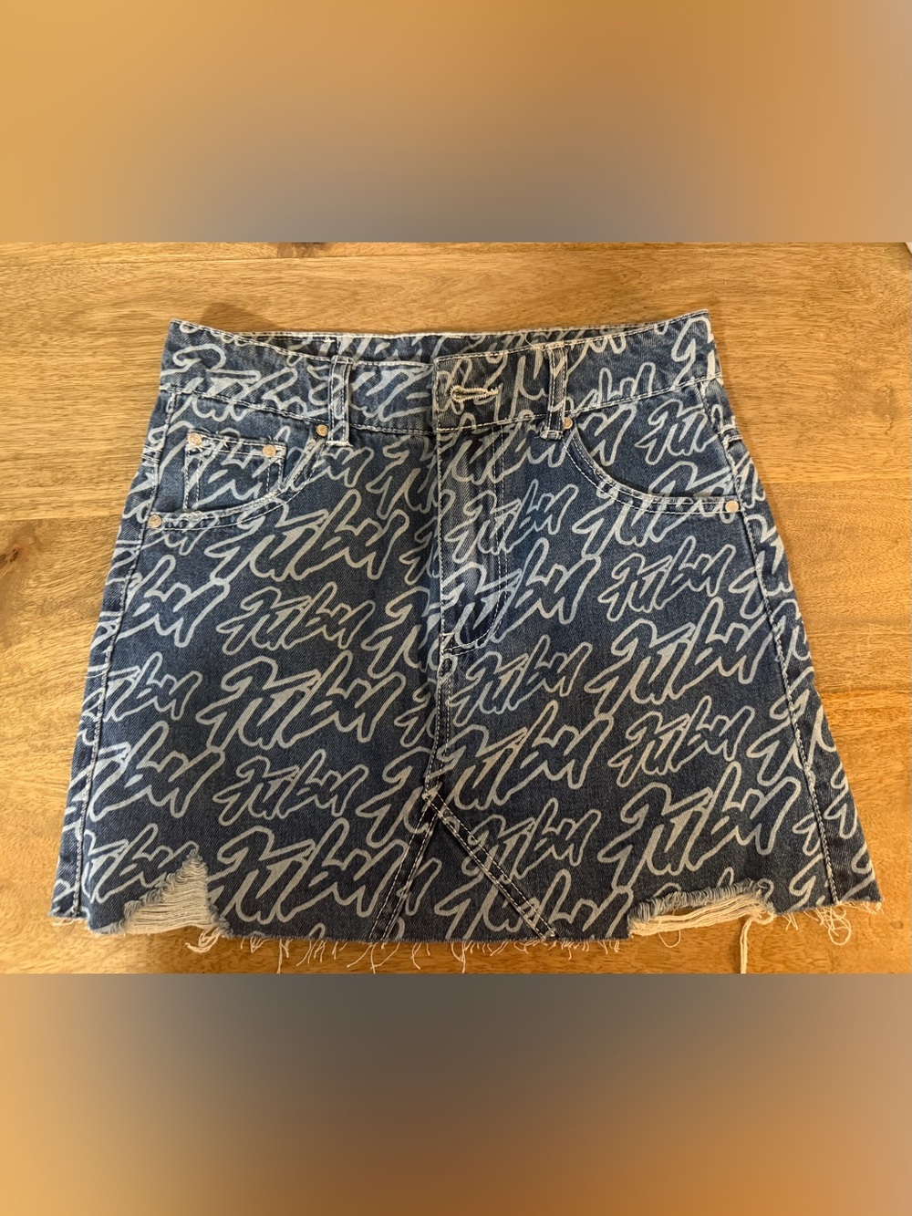 FUBU Blue Denim Mini Skirt with White Script Print